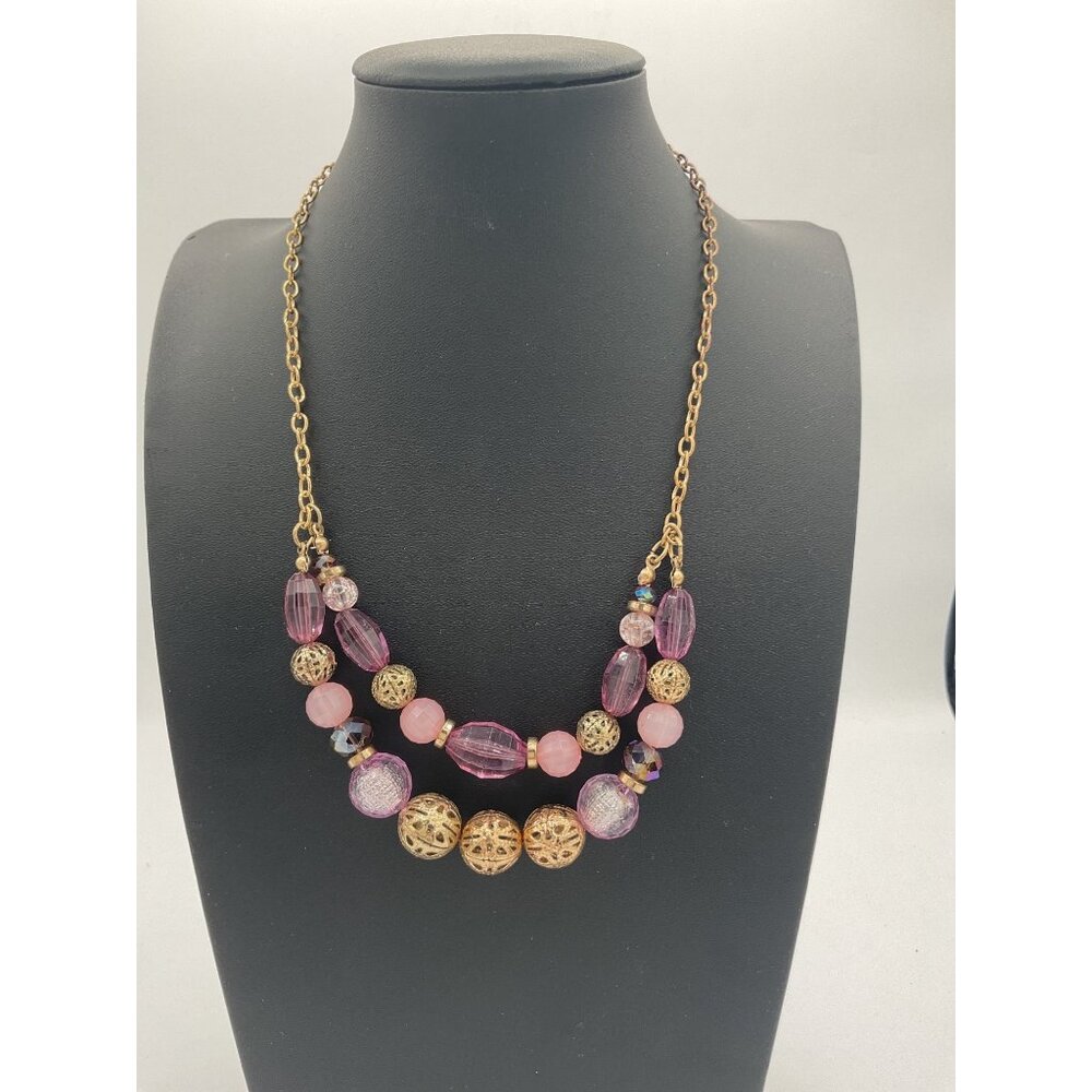 Vintage Gold-Tone Chain Necklace With Pink & Purple Beads